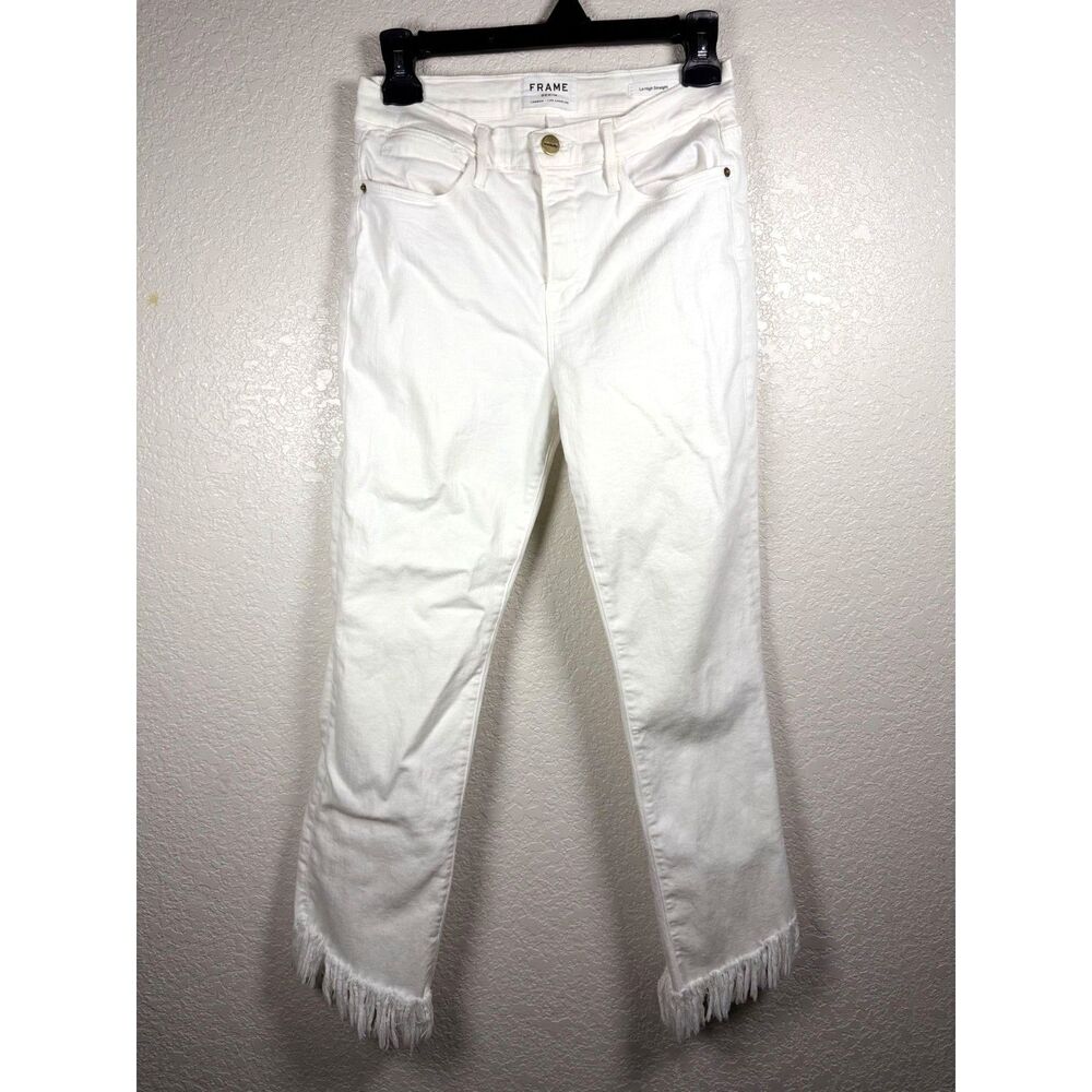 FRAME Le High Straight Jeans 28 White Fringe Frayed Ankle Crop High Rise Denim